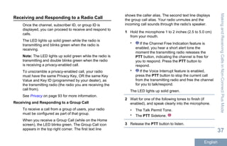 Receiving and Responding to a Radio Call
Once the channel, subscriber ID, or group ID is
displayed, you can proceed to receive and respond to
calls.
The LED lights up solid green while the radio is
transmitting and blinks green when the radio is
receiving.
Note: The LED lights up solid green while the radio is
transmitting and double blinks green when the radio
is receiving a privacy-enabled call.
To unscramble a privacy-enabled call, your radio
must have the same Privacy Key, OR the same Key
Value and Key ID (programmed by your dealer), as
the transmitting radio (the radio you are receiving the
call from).
See Privacy on page 93 for more information.
Receiving and Responding to a Group Call
To receive a call from a group of users, your radio
must be configured as part of that group.
When you receive a Group Call (while on the Home
screen), the LED blinks green. The Group Call icon
appears in the top right corner. The first text line
shows the caller alias. The second text line displays
the group call alias. Your radio unmutes and the
incoming call sounds through the radio's speaker.
1 Hold the microphone 1 to 2 inches (2.5 to 5.0 cm)
from your mouth.
• If the Channel Free Indication feature is
enabled, you hear a short alert tone the
moment the transmitting radio releases the
PTT button, indicating the channel is free for
you to respond. Press the PTT button to
respond.
• If the Voice Interrupt feature is enabled,
press the PTT button to stop the current call
from the transmitting radio and free the channel
for you to talk/respond.
The LED lights up solid green.
2 Wait for one of the following tones to finish (if
enabled), and speak clearly into the microphone.
• The Talk Permit Tone.
• The PTT Sidetone.
3 Release the PTT button to listen.
MakingandReceivingCallsinNon-ConnectPlusMode
37
English
 