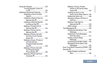 Using the Keypad..............................129
Turning Keypad Tones On
or Off................................. 130
Additional Advanced Features..........131
Selecting a Zone by Alias
Search...............................131
Initiating a Radio Check by
Manual Dial ...................132
Initiating a Remote Monitor
by Manual Dial ..............133
Making a Private Call by
Manual Dial ...................134
Making a Phone Call by
Manual Dial ...................134
Making a Phone Call with
the One Touch Access
Button ........................... 136
Making a Group, Private or
All Call with the
Programmable Number
Key ................................138
Making a Phone Call with
the Programmable
Phone Button ................139
Making a Phone Call from
Contacts ........................140
Making a Group, Private,
Phone or All Call by Alias
Search .......................... 143
Viewing an Entry in the
Scan List by Alias Search. 145
Editing the Scan List.............. 146
Storing an Alias or ID from a
Call List............................. 149
Making a Call Alert by
Manual Dial ...................149
RSSI Values...........................150
Text Messaging ............................ 150
Writing and Sending a Text
Message........................... 150
Replying to Text Messages
from the Inbox................... 151
Editing a Quick Reply
Message........................... 152
Accessing the Drafts Folder...153
Managing Fail-to-Send Text
Messages..........................155
Dual Tone Multi Frequency (DTMF). 156
Security .........................................156
Radio Disable via Manual
Dial....................................156
Contents
7
English
 