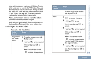 Your radio supports a maximum of 100 Job Tickets,
all of which can be seen in the "All" folder. New Job
Tickets and Job Tickets with recent change in state
are listed first. Upon reaching the maximum number
of Job Tickets, the next Job Ticket automatically
replaces the last Job Ticket in your radio.
Note: Job Tickets are retained even after radio is
powered down and powered up again.
Your radio will automatically detect and discard the
duplicated Job Tickets with the same subject line.
Accessing the Job Ticket Folder
Access the Job Ticket folder.
Radio
Control
Steps
Programmed
Job Ticket
button
1 Press the programmed Job
Ticket button.
2
or to the required
folder and press to
select.
Note: You can also press
and the corresponding
Radio
Control
Steps
number key (1–9) to access
the required folder.
Menu 1
to access the menu.
2
or to Job
Tickets and press to
select.
3
or to the required
folder and press to
select.
Note: You can also press
and the corresponding
number key (1–9) to access
the required folder.
4
or to the required
Job Ticket and press to
select.
AdvancedFeaturesinNon-ConnectPlusMode
89
English
 