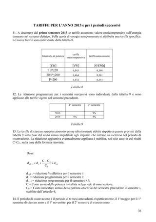 TARIFFE PER L’ANNO 2013 e per i periodi successivi
11. A decorrere dal primo semestre 2013 le tariffe assumono valore onnicomprensivo sull’energia
immessa nel sistema elettrico. Sulla quota di energia autoconsumata è attribuita una tariffa specifica.
Le nuove tariffe sono individuate dalla tabella 8.



                                                         tariffa
                            Intervallo di potenza                     tariffa autoconsumo
                                                    onnicomprensiva


                                  [kW]                  [kW]               [€/kWh]
                                 1≤P≤20                  0,543                0,398
                                20<P≤200                 0,464                0,361
                                  P>200                  0,432                0,334

                                                       Tabella 8

12. Le riduzione programmate per i semestri successivi sono individuate dalla tabella 9 e sono
applicate alle tariffe vigenti nel semestre precedente.

                                                     1° semestre      2° semestre


                                        2013                             3%
                                        2014             4%              4%

                                                       Tabella 9

13. Le tariffe di ciascun semestre possono essere ulteriormente ridotte rispetto a quanto previsto dalla
tabella 9 sulla base del costo annuo imputabile agli impianti che entrano in esercizio nel periodo di
osservazione. La riduzione aggiuntiva eventualmente applicata è stabilita, nel solo caso in cui risulti
C>C0 , sulla base della formula riportata:


           Dove:

                            C C0
           d eff ,i    di              di   1
                             C0

           d eff, i = riduzione % effettiva per il semestre i;
           d i = riduzione programmata per il semestre i;
           d i+1 = riduzione programmata per il semestre i+1;
           C = Costo annuo della potenza installata nel periodo di osservazione;
           C0 = Costo indicativo annuo della potenza obiettivo del semestre precedente il semestre i,
           stabilito dall’articolo 4;

14. Il periodo di osservazione è il periodo di 6 mesi antecedenti, rispettivamente, il 1°maggio per il 1°
semestre di ciascun anno e il 1° novembre per il 2° semestre di ciascun anno.

                                                                                                      36
 