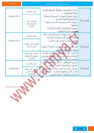 ‫ي‬‫الادار‬ ‫اف‬‫ر‬‫الاش‬ ‫في‬‫التميز‬ ‫منهجية‬‫المدرب‬ ‫دليل‬
2| P a g e
‫الجلسة‬(7)
‫إعداد‬‫استراتيجيات‬‫وهياكل‬‫الخطط‬‫الإدارية‬
‫بن‬‫المعلومات‬.
‫الجلسة‬ ‫هدف‬
‫ونصف‬ ‫ساعة‬ ‫طرق‬‫تطبيق‬‫المهارات‬‫المتميزة‬‫المتعلقة‬
‫بالتخطيط‬‫والرقابة‬‫الإدارية‬.
‫التعرف‬‫على‬
‫الاستراتيجيات‬
‫الجديدة‬.
‫معوقات‬‫الاستراتيجيات‬‫الجديدة‬‫وكيفية‬
‫تخطيها‬.
‫تطبيق‬‫استراتيجيات‬‫القيادة‬‫والاشراف‬
‫المتميز‬‫داخل‬‫مة‬ ‫المن‬.
(‫الجلسة‬8)
‫التعرف‬‫علي‬‫مهارات‬‫التميز‬‫الابداعي‬‫كأحد‬
‫وسائل‬‫تطبيق‬‫الاستراتيجيات‬‫الادارية‬.
‫الجلسة‬ ‫هدف‬
‫ونصف‬ ‫ساعة‬ ‫تطبيق‬‫مقياس‬‫القدرة‬‫على‬‫التجديد‬
‫والإبتكار‬.‫التعرف‬‫على‬‫مهارات‬
‫التميز‬‫الاداري‬. ‫هل‬‫تعل‬‫ان‬‫للتمييز‬‫الإداري‬‫أسلحة؟‬‫ماهي؟‬
‫وكيف‬‫يمكن‬‫استةمارها؟‬.
‫التعرف‬‫علي‬‫التتاتجتتاهتتات‬‫والستتتتتلوكيتتات‬
‫الإيجابية‬‫والتي‬‫من‬‫شأنها‬‫تحفيز‬‫المرؤوس‬‫ين‬.
‫التعرف‬‫على‬‫كيفية‬
‫الوصول‬‫مة‬ ‫للمن‬
‫المتميزة‬. ‫التقيي‬‫المرحلي‬‫لخطوات‬‫عملية‬‫التمييز‬.
‫الجلسة‬(11)
‫تتقتيي‬‫الموظفين‬‫تتل‬‫ت‬‫داخ‬‫تتة‬‫ت‬‫وم‬ ‫المن‬‫تتد‬‫ت‬‫بع‬
‫تطبيق‬‫استراتيجيات‬‫التميز‬‫الإداري‬.
‫هدف‬‫الجلسة‬
‫ساعة‬‫ونصف‬ ‫تفويض‬‫تات‬‫ت‬‫تاحي‬‫ت‬‫الصتتتتتل‬‫تال‬‫ت‬‫تأعم‬‫ت‬‫وال‬‫تد‬‫ت‬‫تدي‬‫ت‬‫وتح‬
‫تتتاكل‬‫ت‬‫المش‬‫وتحليلها‬‫تتتاء‬‫ت‬‫للقض‬‫عليها‬‫التقيي‬
‫المرحلي‬‫لخطوات‬‫عملية‬‫التمييز‬.
‫التعرف‬‫على‬‫كيفية‬
‫التقيي‬‫داخل‬
‫مة؟‬ ‫المن‬
 