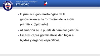  El primer signo morfológico de la
gastrulación es la formación de la estría
primitiva. (Epiblasto)
 Al embrión se le puede denominar gástrula.
 Las tres capas germinativas dan lugar a
tejidos y órganos específicos.
 