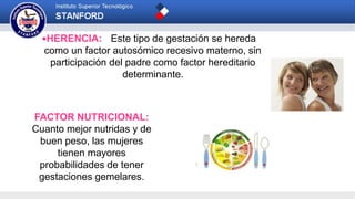HERENCIA: Este tipo de gestación se hereda
como un factor autosómico recesivo materno, sin
participación del padre como factor hereditario
determinante.
FACTOR NUTRICIONAL:
Cuanto mejor nutridas y de
buen peso, las mujeres
tienen mayores
probabilidades de tener
gestaciones gemelares.
 