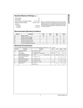 3 www.fairchildsemi.com
DM74ALS151
Absolute Maximum Ratings(Note 1)
Note 1: The “Absolute Maximum Ratings” are those values beyond which
the safety of the device cannot be guaranteed. The device should not be
operated at these limits. The parametric values defined in the Electrical
Characteristics tables are not guaranteed at the absolute maximum ratings.
The “Recommended Operating Conditions” table will define the conditions
for actual device operation.
Recommended Operating Conditions
Electrical Characteristics
over recommended operating free-air temperature range. All typical values are measured at VCC = 5V, TA = 25°C.
Supply Voltage 7V
Input Voltage 7V
Operating Free Air Temperature Range 0°C to +70°C
Storage Temperature Range −65°C to +150°C
Typical θJA
N Package 78.0°C/W
M Package 107.0°C/W
Symbol Parameter Min Nom Max Units
VCC Supply Voltage 4.5 5 5.5 V
VIH HIGH Level Input Voltage 2 V
VIL LOW Level Input Voltage 0.8 V
IOH HIGH Level Output Current −2.6 mA
IOL LOW Level Output Current 24 mA
TA Free Air Operating Temperature 0 70 °C
Symbol Parameter Conditions Min Typ Max Units
VIK Input Clamp Voltage VCC = 4.5V, IIN = −18 mA −1.5 V
VOH HIGH Level VCC = 4.5V, IOH = Max 2.4 3.2 V
Output Voltage IOH = −400 µA, VCC = 4.5V to 5.5V VCC − 2 V
VOL LOW Level Output Voltage VCC = 4.5V IOL = 24 mA 0.35 0.5 V
II Input Current at Maximum
VCC = 5.5V, VIN = 7V 0.1 mA
Input Voltage
IIH HIGH Level Input Current VCC = 5.5V, VIN = 2.7V 20 µA
IIL LOW Level Input Current VCC = 5.5V, VIN = 0.4V −0.1 mA
IO Output Drive Current VCC = 5.5V, VOUT = 2.25V −30 −112 mA
ICC Supply Current VCC = 5.5V
7.5 12 mA
All Inputs = 4.5V
 