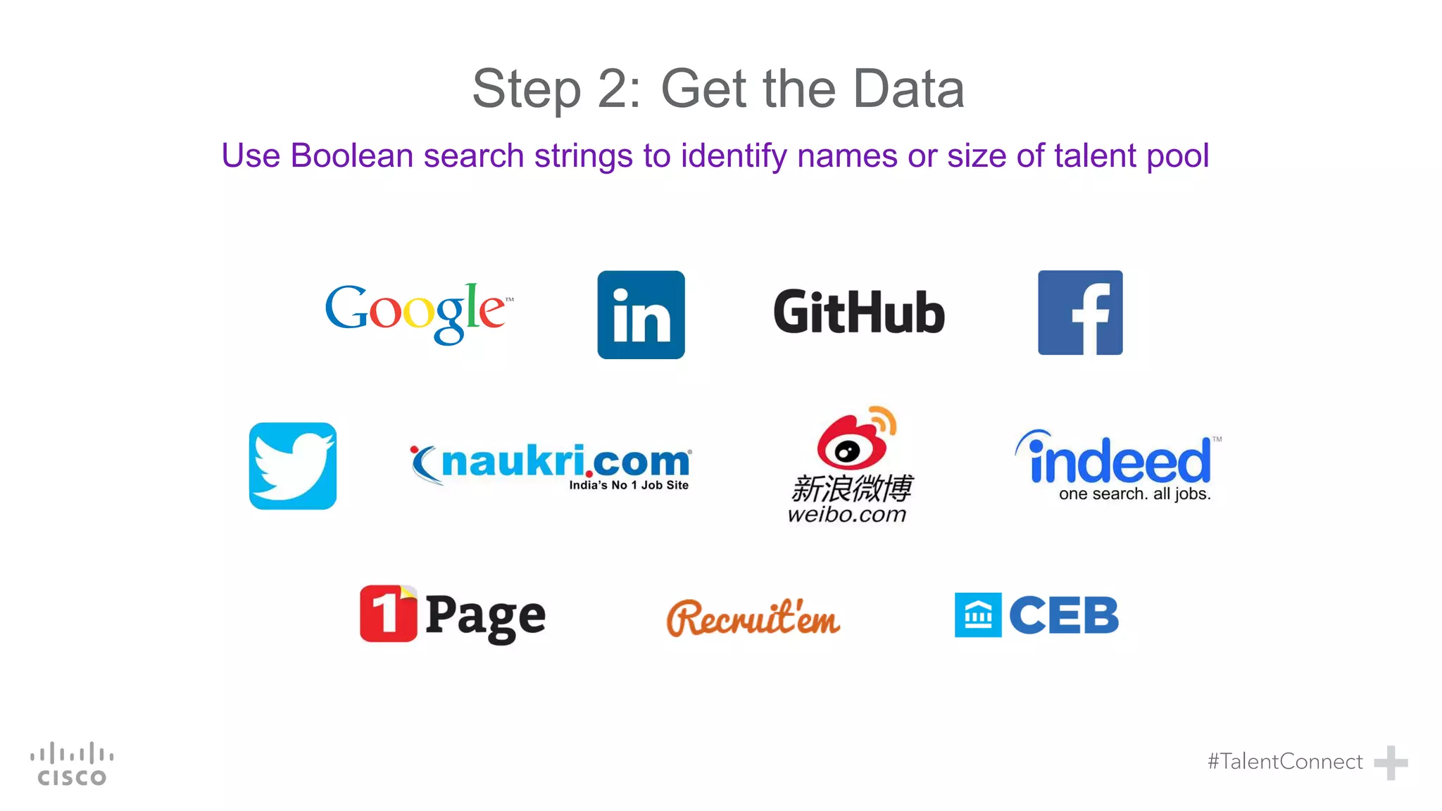 Step 2:
Use Boolean search strings to identify names or size of talent pool
Get the Data
 