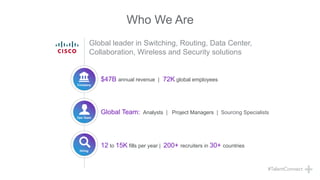 Who We Are
Global leader in Switching, Routing, Data Center,
Collaboration, Wireless and Security solutions
$47B annual revenue | 72K global employees
Company
Ops Team
Hiring
Global Team: Analysts | Project Managers | Sourcing Specialists
12 to 15K fills per year | 200+ recruiters in 30+ countries
 