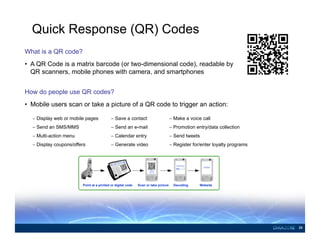 23 
Quick Response (QR) Codes 
What is a QR code? 
• A QR Code is a matrix barcode (or two-dimensional code), readable by ...