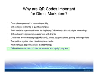 25 
Why are QR Codes Important 
for Direct Marketers? 
• Smartphone penetration increasing rapidly 
• QR code use in the U...