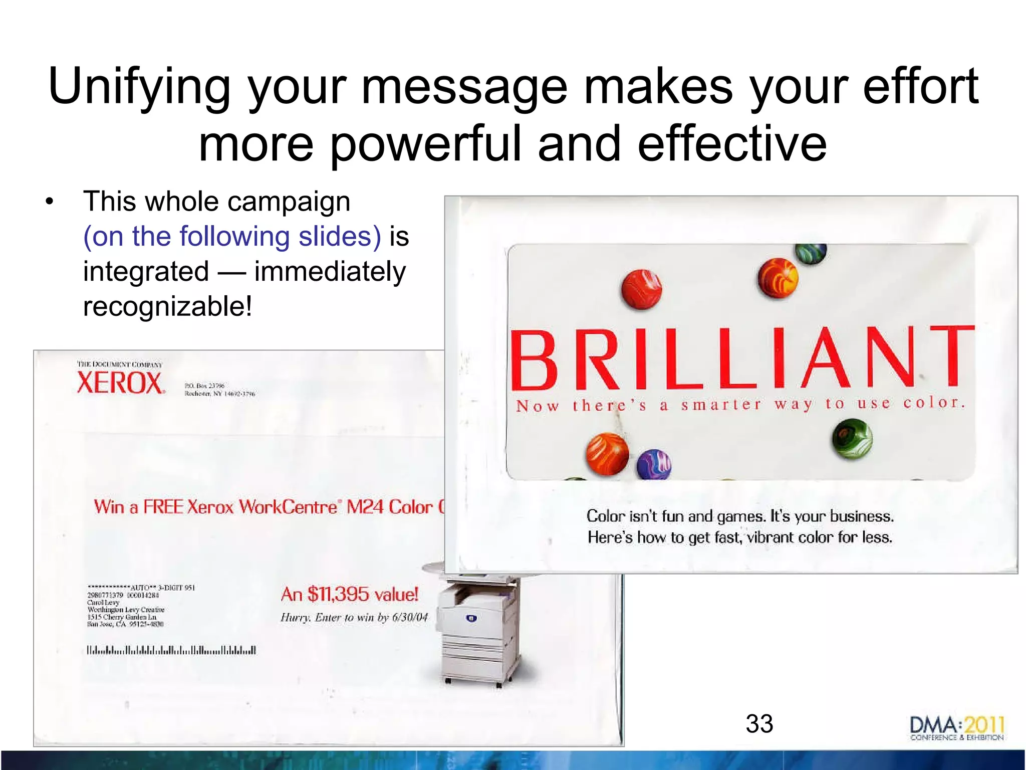 Unifying your message makes your effort more powerful and effective This whole campaign  (on the following slides)  is integrated — immediately recognizable! 11/29/11 