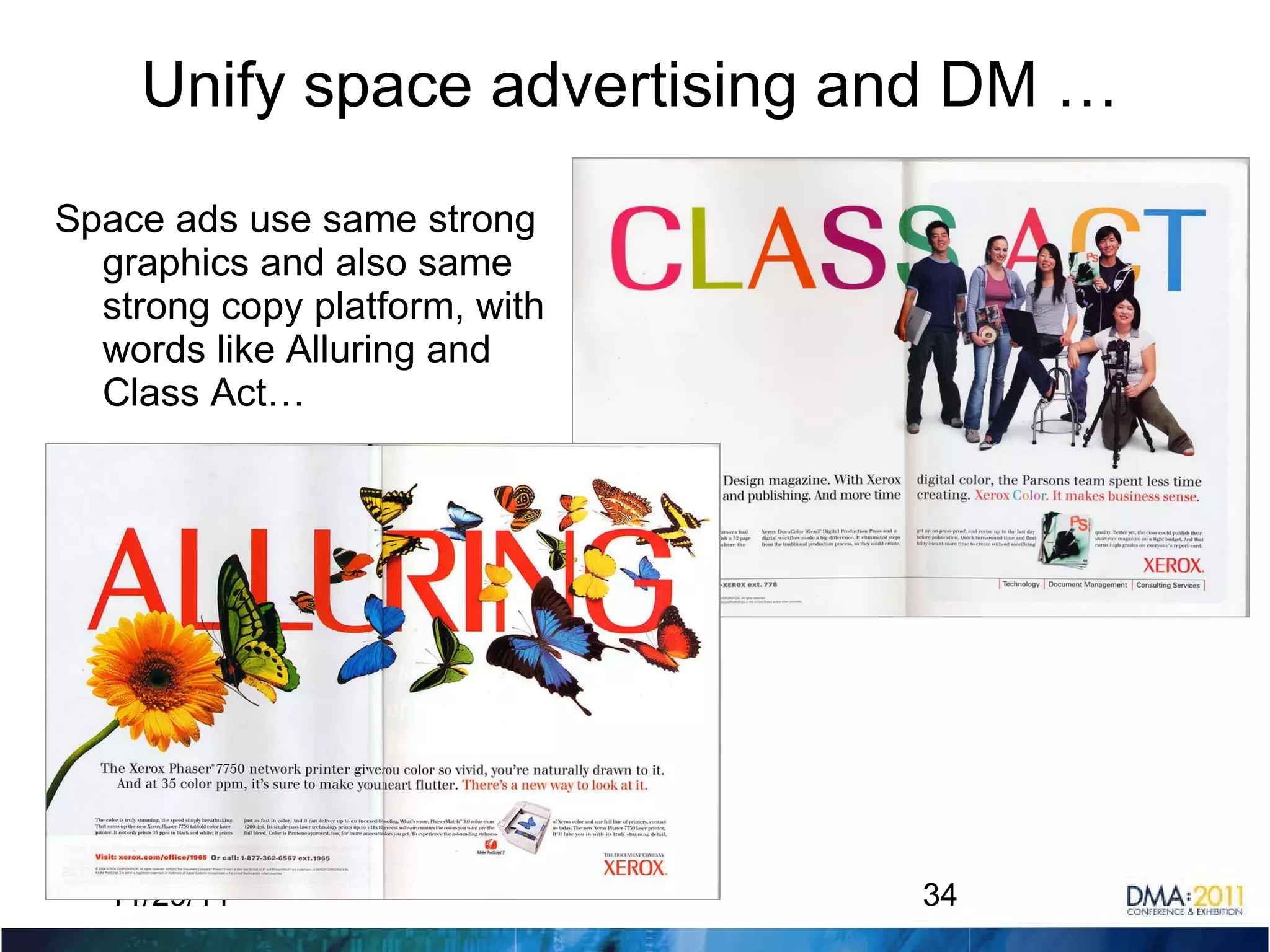 Unify space advertising and DM … Space ads use same strong graphics and also same strong copy platform, with words like Alluring and Class Act… 11/29/11 