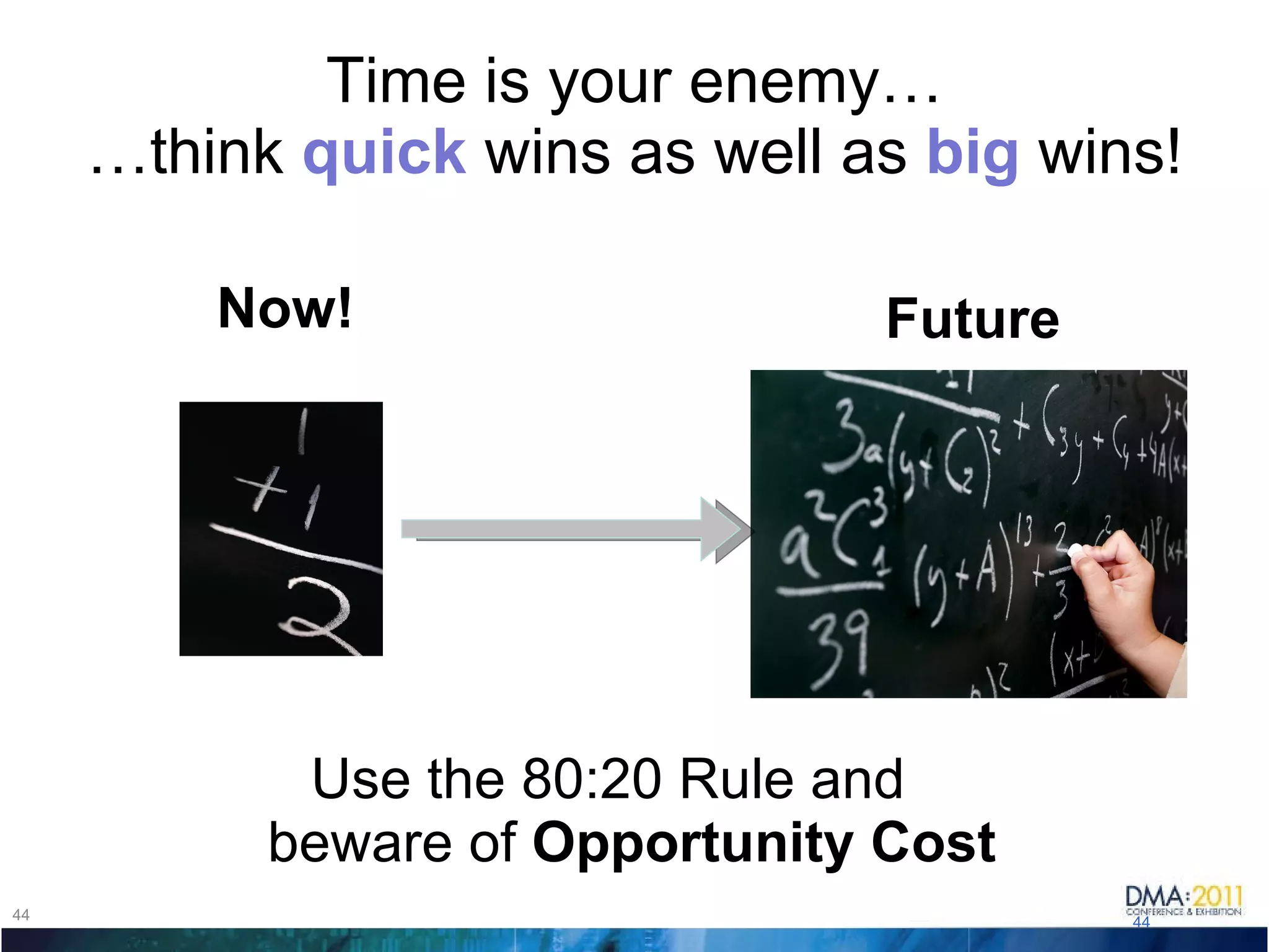 Time is your enemy… …think  quick  wins as well as  big  wins! Use the 80:20 Rule and beware of  Opportunity Cost Now! Future 