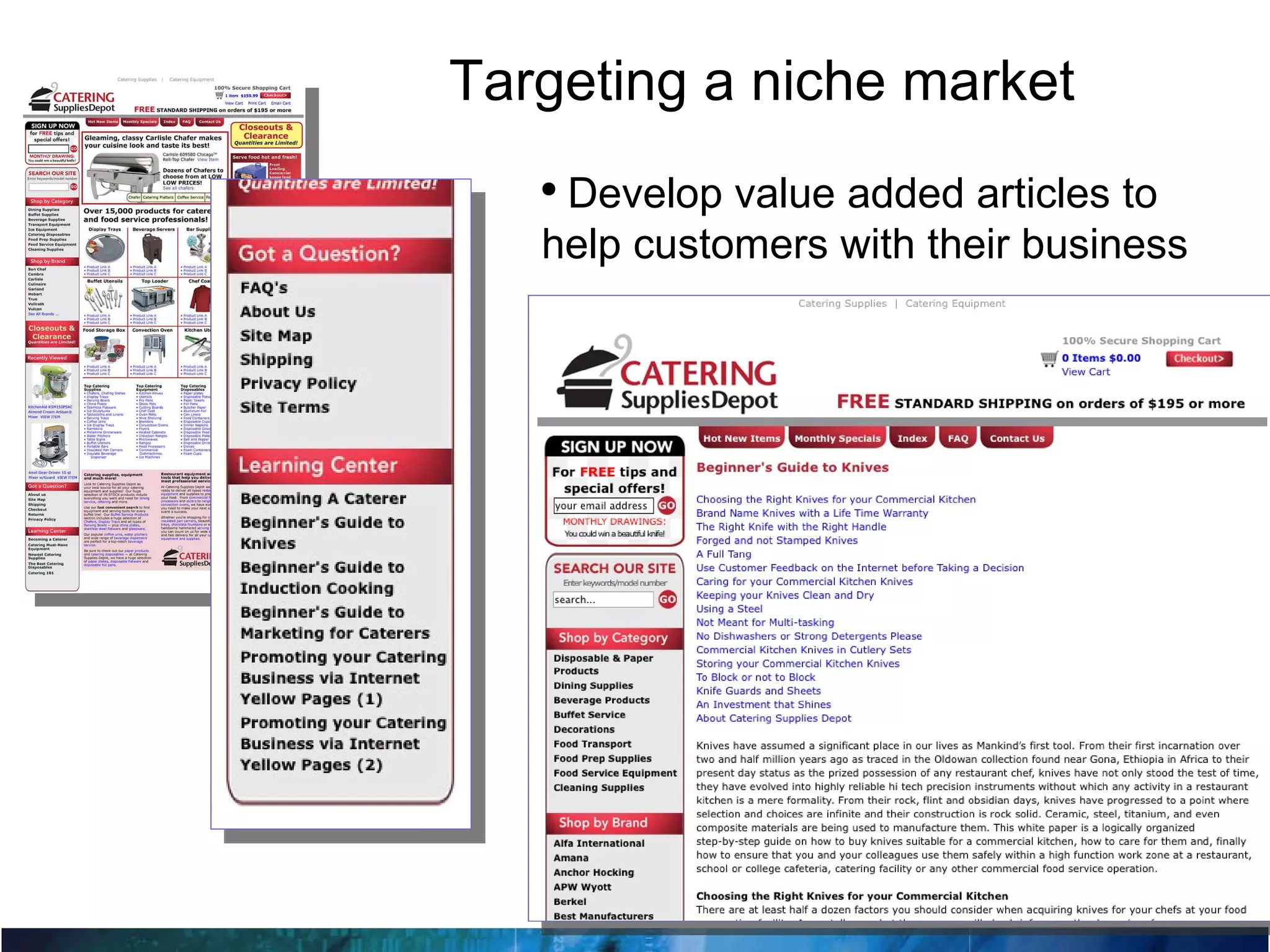 Targeting a niche market Develop value added articles to help customers with their business 