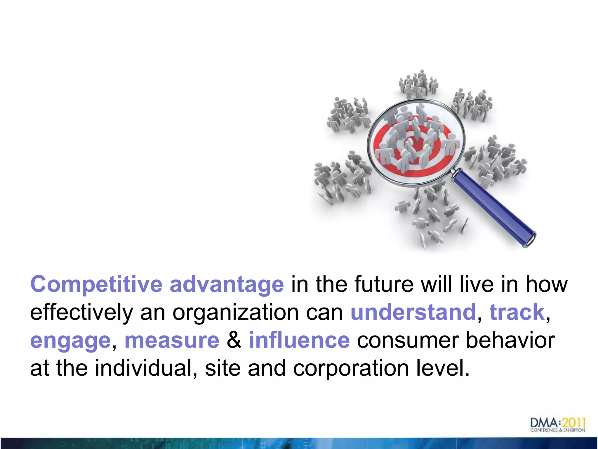 Competitive advantage  in the future will live in how effectively an organization can  understand ,  track ,  engage ,  measure  &  influence  consumer behavior at the individual, site and corporation level. 