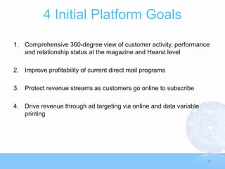4 Initial Platform Goals

1. Comprehensive 360-degree view of customer activity, performance
   and relationship status at the magazine and Hearst level

2. Improve profitability of current direct mail programs

3. Protect revenue streams as customers go online to subscribe

4. Drive revenue through ad targeting via online and data variable
   printing




                                                                     15
 
