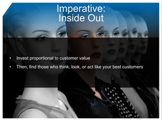 Imperative:
                         Inside Out


•   Invest proportional to customer value
•   Then, find those who think, look, or act like your best customers




                                                                        5
 
