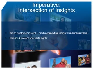 Imperative:
           Intersection of Insights


•   Brand customer insight + media contextual insight = maximum value
•   Identify & protect your data rights




                                                                    7
 