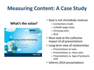 Measuring Content: A Case Study
What’s the value?

• Goal is not immediate revenue
–
–
–
–

Connections made
LinkedIn page views
iCrossing visits
Buzz

• Must look at the collective
impact of all presentations
• Long-term view of relationships
– Presentations to sales
– Presentations vs. close rates
– Presentations vs. type of products
sold

• Informs 2014 presentations

 