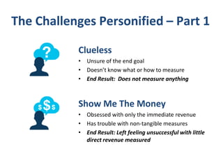 The Challenges Personified – Part 1
Clueless
• Unsure of the end goal
• Doesn’t know what or how to measure
• End Result: Does not measure anything

Show Me The Money
• Obsessed with only the immediate revenue
• Has trouble with non-tangible measures
• End Result: Left feeling unsuccessful with little
direct revenue measured

 