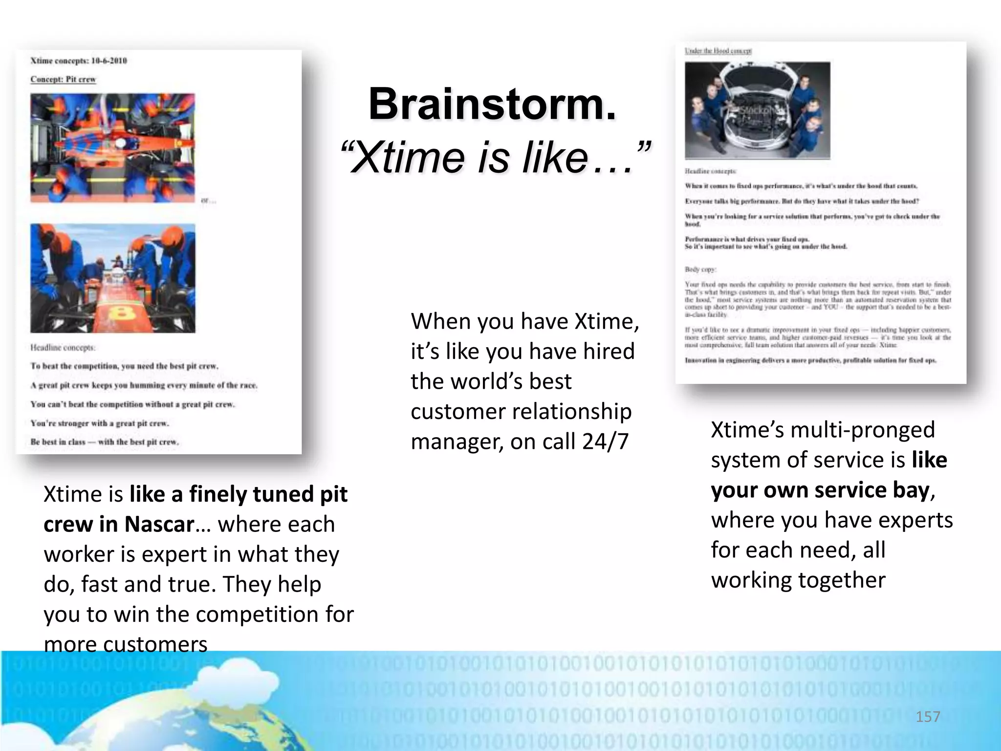 Brainstorm.
“Xtime is like…”

When you have Xtime,
it’s like you have hired
the world’s best
customer relationship
manager, on call 24/7
Xtime is like a finely tuned pit
crew in Nascar… where each
worker is expert in what they
do, fast and true. They help
you to win the competition for
more customers

Xtime’s multi-pronged
system of service is like
your own service bay,
where you have experts
for each need, all
working together

157

 
