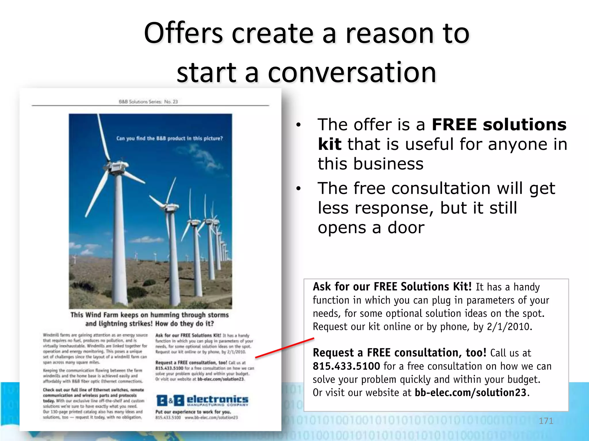 Offers create a reason to
start a conversation
• The offer is a FREE solutions
kit that is useful for anyone in
this business
• The free consultation will get
less response, but it still
opens a door

171

 