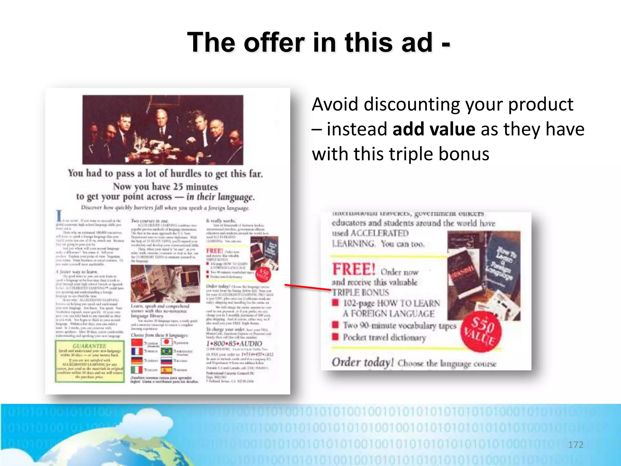 The offer in this ad Avoid discounting your product
– instead add value as they have
with this triple bonus

172

 