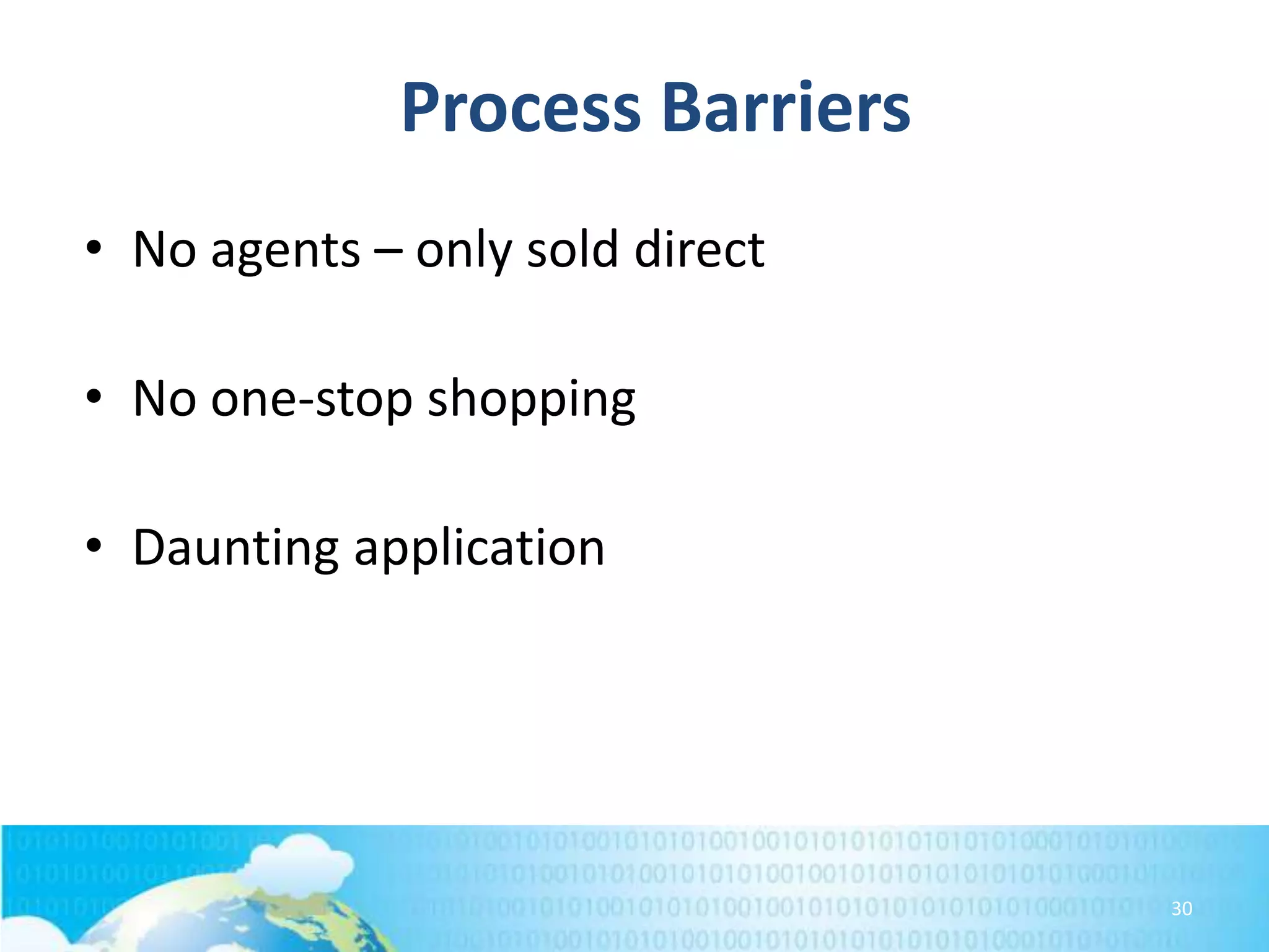 Process Barriers
• No agents – only sold direct

• No one-stop shopping
• Daunting application

30

 