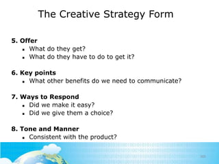 The Creative Strategy Form
5. Offer

What do they get?

What do they have to do to get it?
6. Key points

What other benefits do we need to communicate?
7. Ways to Respond

Did we make it easy?

Did we give them a choice?
8. Tone and Manner

Consistent with the product?
205

 