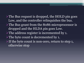 The Bus request is dropped, the HOLD pin goes 
Low, and the controller relinquishes the bus. 
The Bus grant from the 8086 microprocessor is 
dropped and the HLDA pin goes Low. 
The address register is incremented by 1. 
The byte count is decremented by 1. 
If the byte count is non-zero, return to step 1, 
otherwise stop 
 
