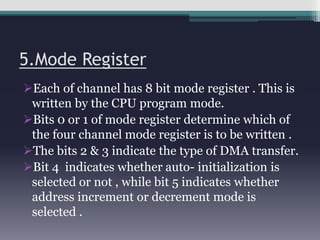 5.Mode Register 
Each of channel has 8 bit mode register . This is 
written by the CPU program mode. 
Bits 0 or 1 of mode register determine which of 
the four channel mode register is to be written . 
The bits 2 & 3 indicate the type of DMA transfer. 
Bit 4 indicates whether auto- initialization is 
selected or not , while bit 5 indicates whether 
address increment or decrement mode is 
selected . 
 