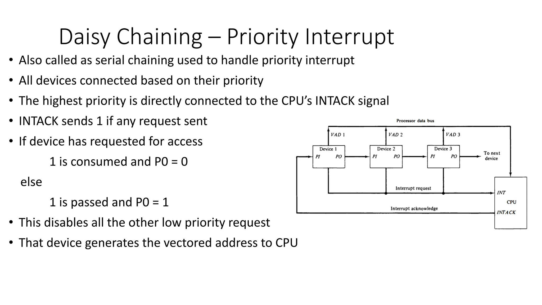 Daisy Chaining – Priority Interrupt
• Also called as serial chaining used to handle priority interrupt
• All devices connected based on their priority
• The highest priority is directly connected to the CPU’s INTACK signal
• INTACK sends 1 if any request sent
• If device has requested for access
1 is consumed and P0 = 0
else
1 is passed and P0 = 1
• This disables all the other low priority request
• That device generates the vectored address to CPU
 