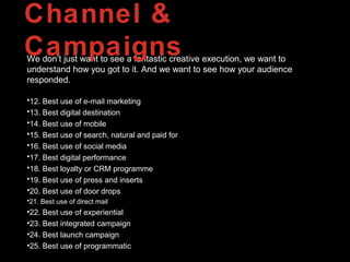 We don’t just want to see a fantastic creative execution, we want to
understand how you got to it. And we want to see how your audience
responded.
•12. Best use of e-mail marketing
•13. Best digital destination
•14. Best use of mobile
•15. Best use of search, natural and paid for
•16. Best use of social media
•17. Best digital performance
•18. Best loyalty or CRM programme
•19. Best use of press and inserts
•20. Best use of door drops
•21. Best use of direct mail
•22. Best use of experiential
•23. Best integrated campaign
•24. Best launch campaign
•25. Best use of programmatic
Channel &
Campaigns
 