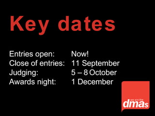 Key dates
Entries open: Now!
Close of entries: 11 September
Judging: 5 – 8 October
Awards night: 1 December
 