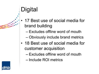 Digital
• 17 Best use of social media for
brand building
– Excludes offline word of mouth
– Obviously include brand metrics
• 18 Best use of social media for
customer acquisition
– Excludes offline word of mouth
– Include ROI metrics
 