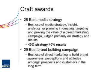 Craft awards
• 28 Best media strategy
– Best use of media strategy, insight,
analytics, or planning in creating, targeting
and proving the value of a direct marketing
campaign, judged primarily on strategy and
results
– 40% strategy 40% results
• 29 Best brand building campaign
– Best use of direct marketing to build brand
awareness, perceptions and attitudes
amongst prospects and customers in the
long term
 