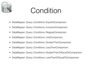 Condition
• DataMapper::Query::Conditions::EqualToComparison

• DataMapper::Query::Conditions::InclusionComparison

• DataMapper::Query::Conditions::RegexpComparison

• DataMapper::Query::Conditions::LikeComparison

• DataMapper::Query::Conditions::GreaterThanComparison

• DataMapper::Query::Conditions::LessThanComparison

• DataMapper::Query::Conditions::GreaterThanOrEqualToComparison

• DataMapper::Query::Conditions::LessThanOrEqualToComparison
 