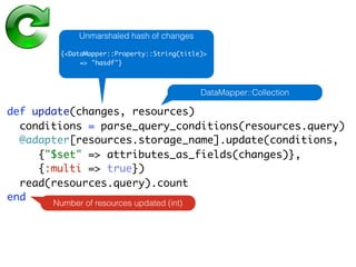 Unmarshaled hash of changes

        {<DataMapper::Property::String(title)>
             => "hasdf"}



                                            DataMapper::Collection

def update(changes, resources)
  conditions = parse_query_conditions(resources.query)
  @adapter[resources.storage_name].update(conditions,
     {"$set" => attributes_as_fields(changes)},
     {:multi => true})
  read(resources.query).count
end
       Number of resources updated (int)
 