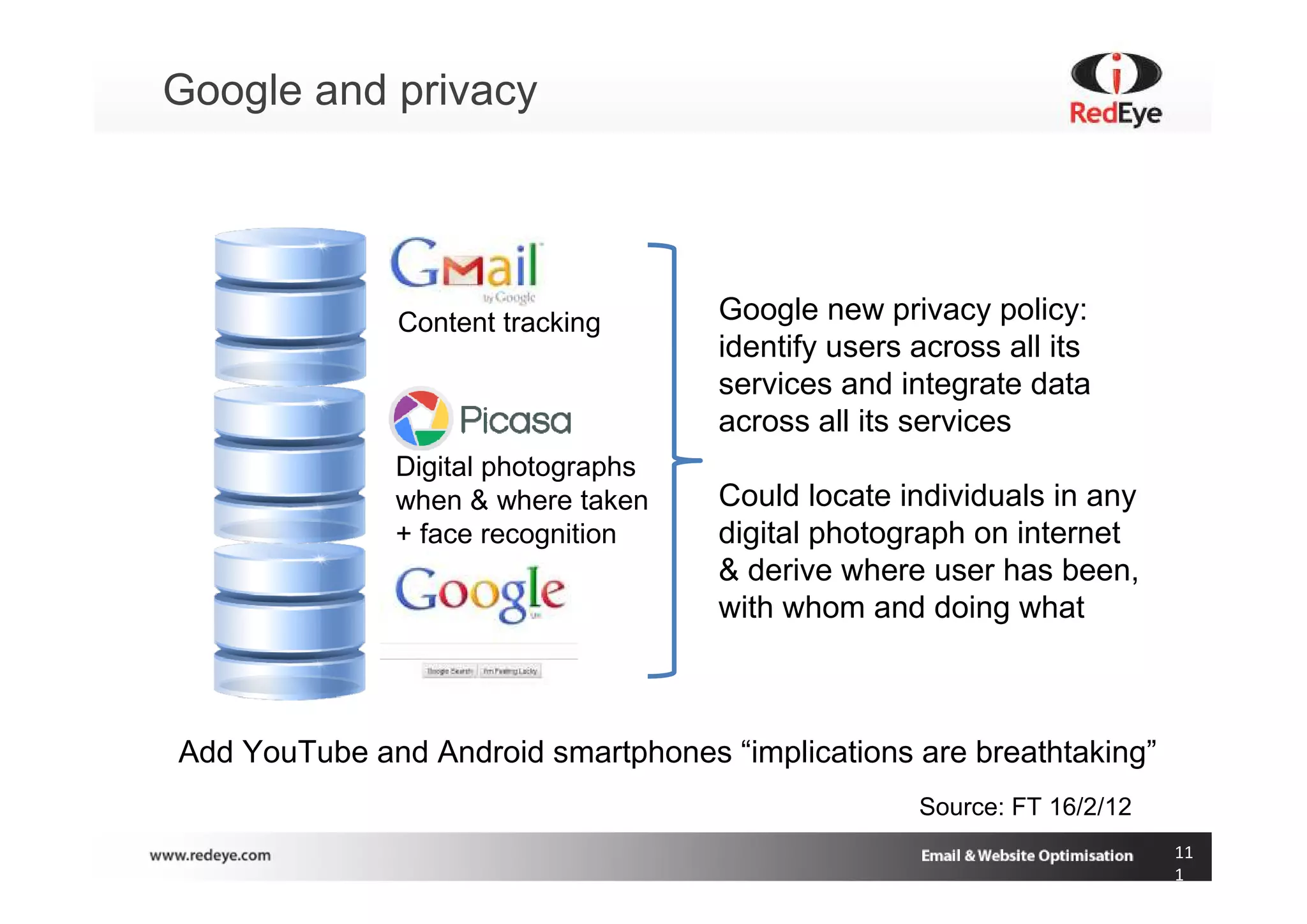Google and privacy




               Content tracking     Google new privacy policy:
                                    identify users across all its
                                    services and integrate data
                                    across all its services
              Digital photographs
              when & where taken    Could locate individuals in any
              + face recognition    digital photograph on internet
                                    & derive where user has been,
                                    with whom and doing what



Add YouTube and Android smartphones “implications are breathtaking”
                                                   Source: FT 16/2/12
                                                                        11
                                                                        1
 