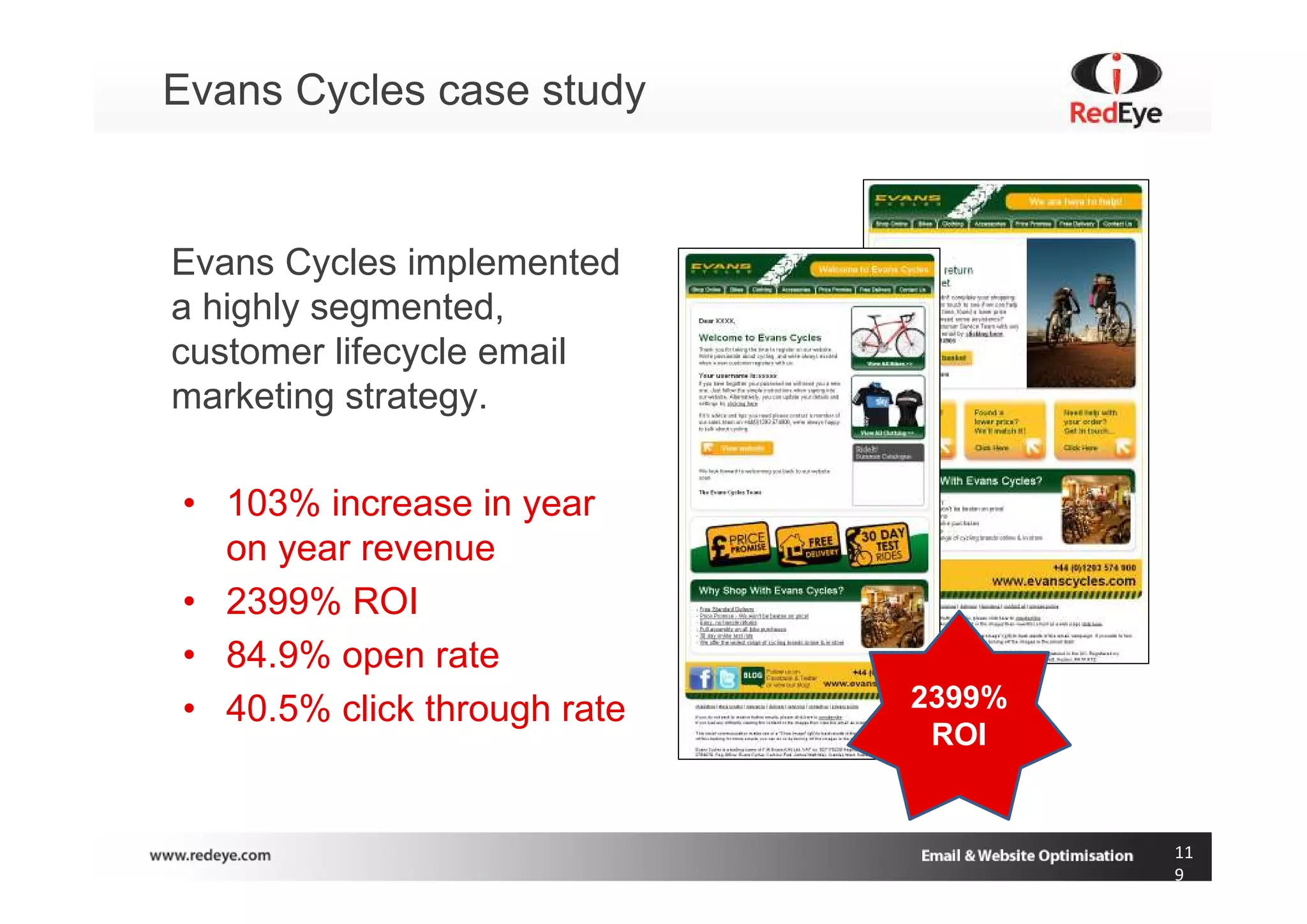 Evans Cycles case study


Evans Cycles implemented
a highly segmented,
customer lifecycle email
marketing strategy.

• 103% increase in year
  on year revenue
• 2399% ROI
• 84.9% open rate
• 40.5% click through rate   2399%
                              ROI


                                     11
                                     9
 