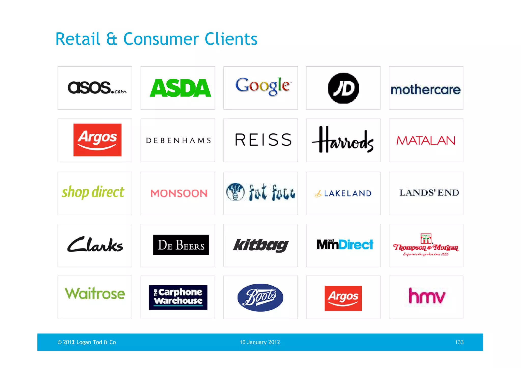 Retail & Consumer Clients




© 2011 Logan Tod & Co
  2012                  10 January 2012   133
 