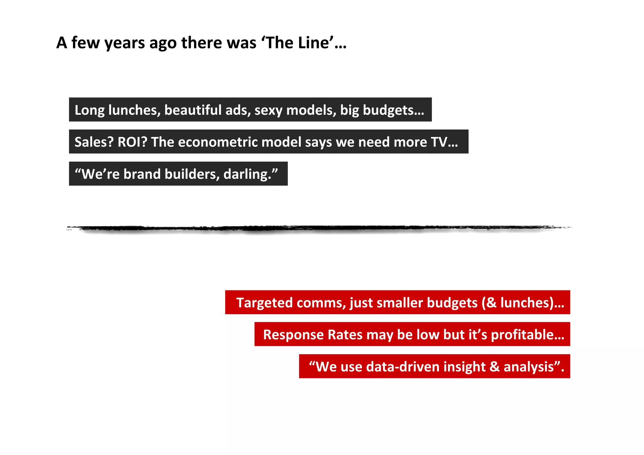 A few years ago there was ‘The Line’…


  Long lunches, beautiful ads, sexy models, big budgets…

  Sales? ROI? The econometric model says we need more TV…

  “We’re brand builders, darling.”




                           Targeted comms, just smaller budgets (& lunches)…

                               Response Rates may be low but it’s profitable…

                                      “We use data-driven insight & analysis”.
 