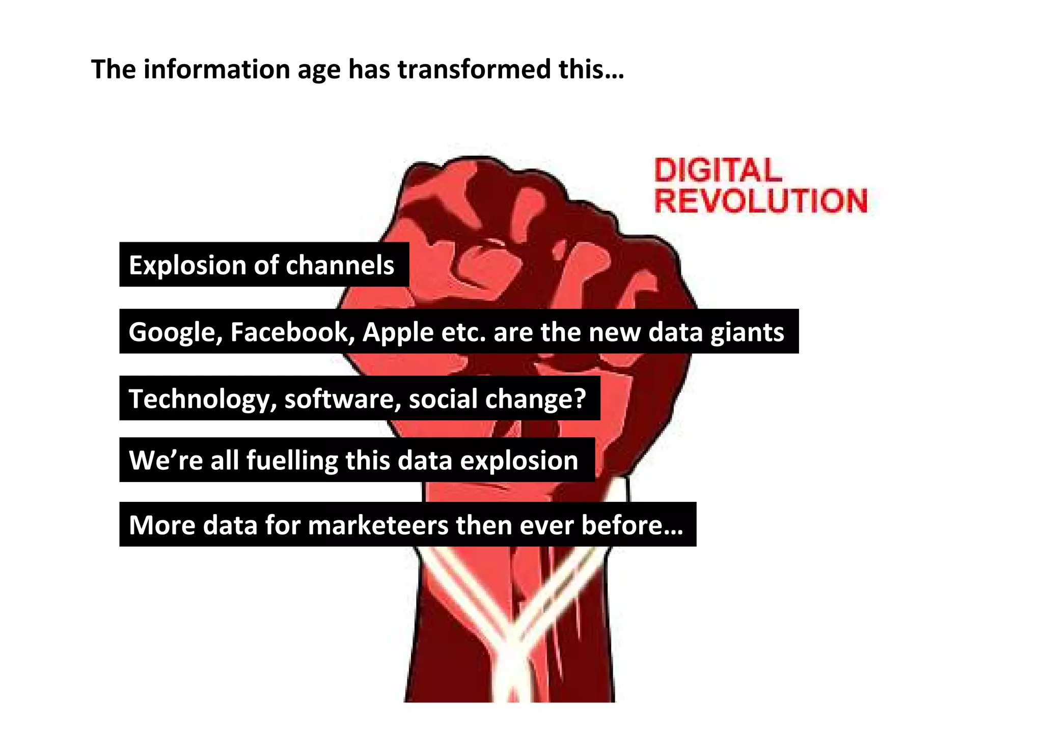 The information age has transformed this…




  Explosion of channels

  Google, Facebook, Apple etc. are the new data giants

  Technology, software, social change?

  We’re all fuelling this data explosion

  More data for marketeers then ever before…
 