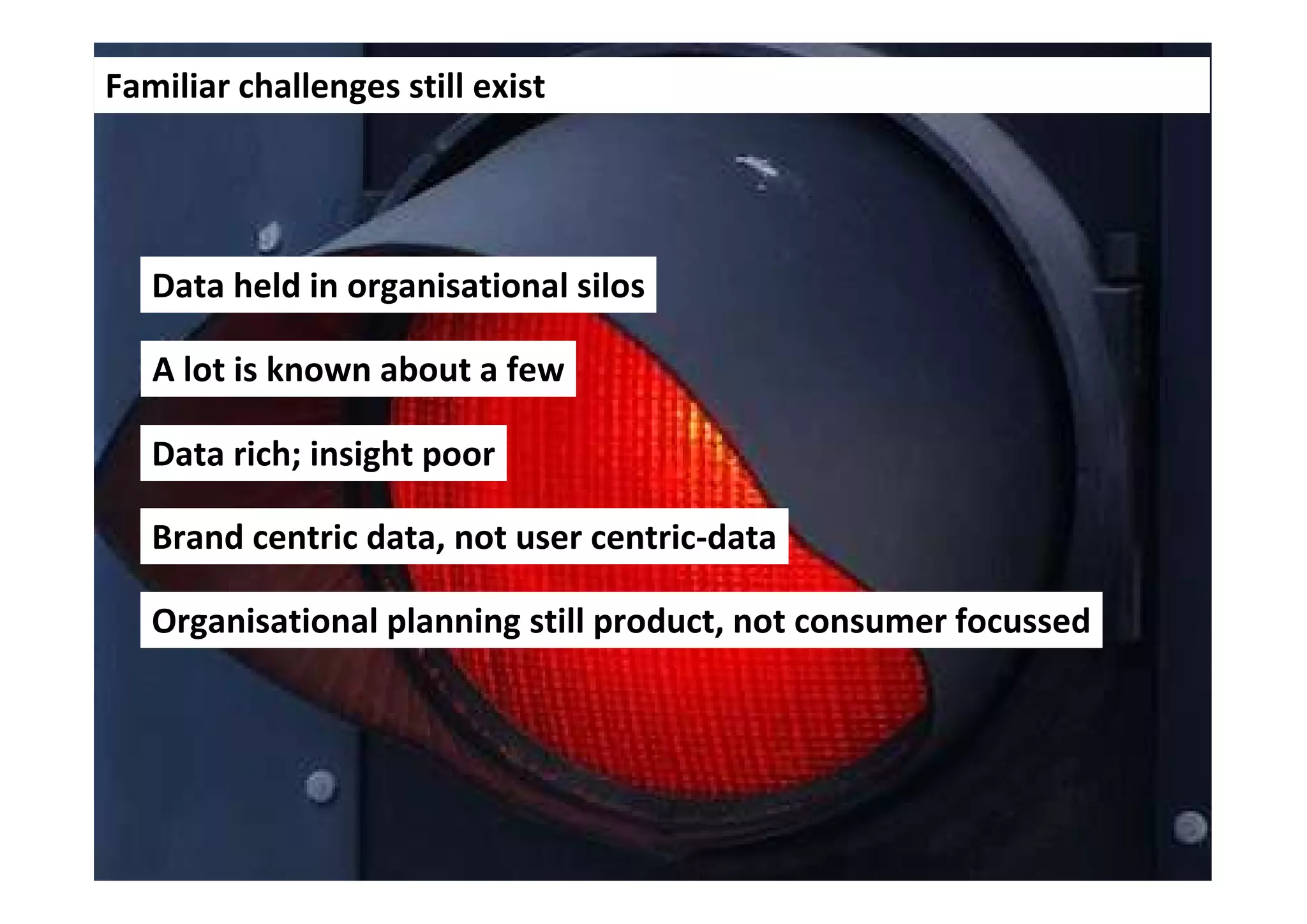 Familiar challenges still exist




   Data held in organisational silos

   A lot is known about a few

   Data rich; insight poor

   Brand centric data, not user centric-data

   Organisational planning still product, not consumer focussed
 