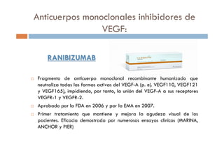 RANIBIZUMABRANIBIZUMAB
Fragmento de anticuerpo monoclonal recombinante humanizado que
neutraliza todas las formas activas del VEGF-A (p. ej. VEGF110, VEGF121
y VEGF165), impidiendo, por tanto, la unión del VEGF-A a sus receptores
VEGFR-1 y VEGFR-2.
Aprobado por la FDA en 2006 y por la EMA en 2007.
Primer tratamiento que mantiene y mejora la agudeza visual de los
pacientes. Eficacia demostrada por numerosos ensayos clínicos (MARINA,
ANCHOR y PIER)
Anticuerpos monoclonales inhibidores de
VEGF:
 