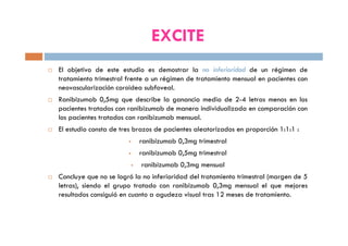 EXCITE
El objetivo de este estudio es demostrar la no inferioridad de un régimen de
tratamiento trimestral frente a un régimen de tratamiento mensual en pacientes con
neovascularización coroidea subfoveal.
Ranibizumab 0,5mg que describe la ganancia media de 2-4 letras menos en los
pacientes tratados con ranibizumab de manera individualizada en comparación con
los pacientes tratados con ranibizumab mensual.
El estudio consta de tres brazos de pacientes aleatorizados en proporción 1:1:1 :
ranibizumab 0,3mg trimestral
ranibizumab 0,5mg trimestral
ranibizumab 0,3mg mensual
Concluye que no se logró la no inferioridad del tratamiento trimestral (margen de 5
letras), siendo el grupo tratado con ranibizumab 0,3mg mensual el que mejores
resultados consiguió en cuanto a agudeza visual tras 12 meses de tratamiento.
 