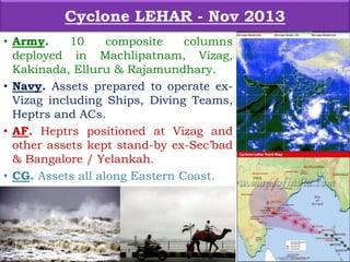 • Army. 10 composite columns
deployed in Machlipatnam, Vizag,
Kakinada, Elluru & Rajamundhary.
• Navy. Assets prepared to operate ex-
Vizag including Ships, Diving Teams,
Heptrs and ACs.
• AF. Heptrs positioned at Vizag and
other assets kept stand-by ex-Sec’bad
& Bangalore / Yelankah.
• CG. Assets all along Eastern Coast.
Cyclone LEHAR - Nov 2013
 