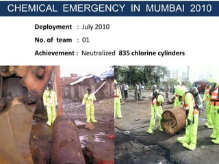 Deployment : July 2010
No. of team : 01
Achievement : Neutralized 835 chlorine cylinders
CHEMICAL EMERGENCY IN MUMBAI 2010
 