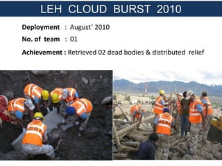 Deployment : August’ 2010
No. of team : 01
Achievement : Retrieved 02 dead bodies & distributed relief
LEH CLOUD BURST 2010
 