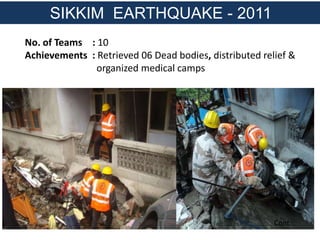 No. of Teams : 10
Achievements : Retrieved 06 Dead bodies, distributed relief &
organized medical camps
Cont…
SIKKIM EARTHQUAKE - 2011
 