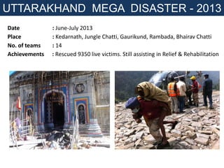 Date : June-July 2013
Place : Kedarnath, Jungle Chatti, Gaurikund, Rambada, Bhairav Chatti
No. of teams : 14
Achievements : Rescued 9350 live victims. Still assisting in Relief & Rehabilitation
UTTARAKHAND MEGA DISASTER - 2013
 
