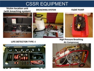 Victim location unit
(with breaching system)
BREACHING SYSTEM
LIFE DETECTOR TYPE -I
High Pressure Breathing
Air Compressor
CSSR EQUIPMENTSCSSR EQUIPMENT
FLOAT PUMP
 
